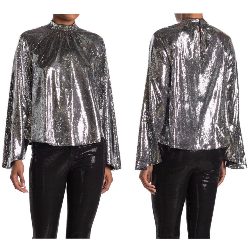 RtA Tennessee Peasant Silver Sequin Bell Sleeve Top Sz XS NWT - Picture 16 of 16